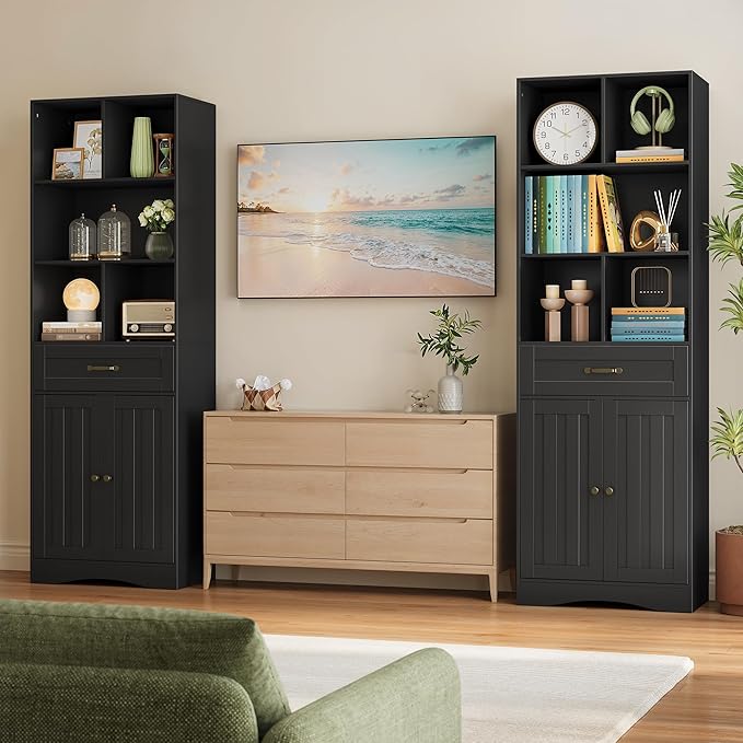 Gizoon 71'' Tall Storage Cabinet, Kitchen Pantry Cabinet with Doors & Drawers, Wooden Storage Organizer for Living Room, Office, Kitchen, with Adjustable Shelves, Anti-tip, Metal Handle, Black