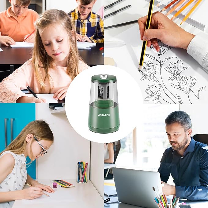JARLINK Electric Pencil Sharpener, Heavy-Duty Helical Blade to Fast Sharpen, Auto Stop for No.2/Colored Pencils(6-8mm), AC Adapter/Battery Operated in School Classroom/Office/Home (Green)