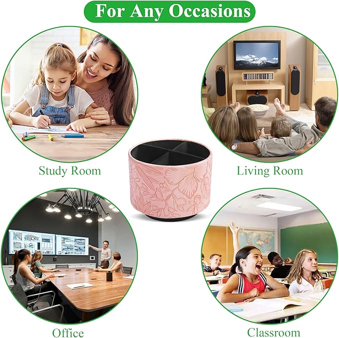 Hennaja Round Leather Art Supply Organizer,Remote Control Holder,360 Degree Spinning,Multi-Functional Pencil Holder,4 Compartments Desktop Stationary Organizer(1-Carved Pink)