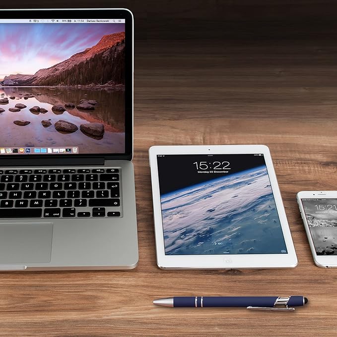 8 Pieces Ballpoint Pen with Stylus Tip Black Ink 2 in 1 Stylus Metal 1.0 mm Medium Point Smooth Pen Rainbow Colorful Rubberized Ballpoint for Touch Screen Tablet(Dark Blue)