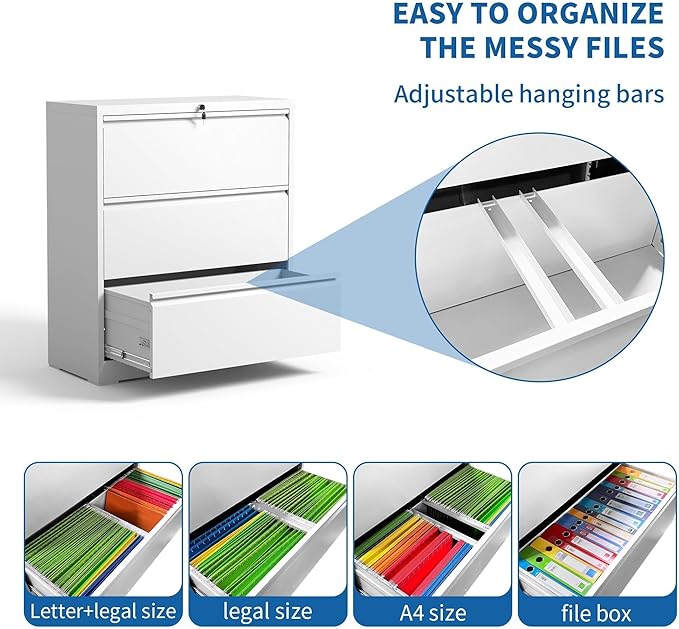 Lateral File Cabinet 3 Drawer, Metal File Cabinets for Home Office Legal/Letter A4 Size, File Cabinet with Lock, Require Assembly, White