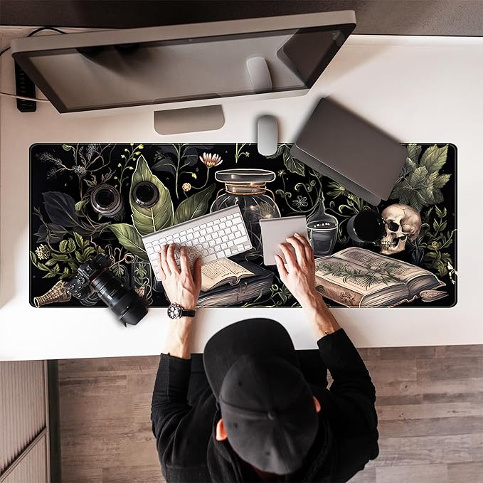 Dark Academia Desk Mat Mouse Pad XL Extended Large Gaming Desk Pad Mousepad, Mystical Green Plant Computer Laptop Keyboard and Mouse Mat, Desktop Protector Mat for Women Girl Office 31.5x11.8 in