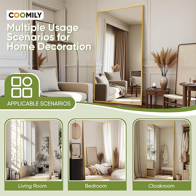 Full-Length Floor Mirror with Stand, 59"x16" Rectangle Style Full Body Standing Mirror for Bedroom, Living Room, Gym, Dorm - Shatter-Resistant & Easy Assembly, Gold