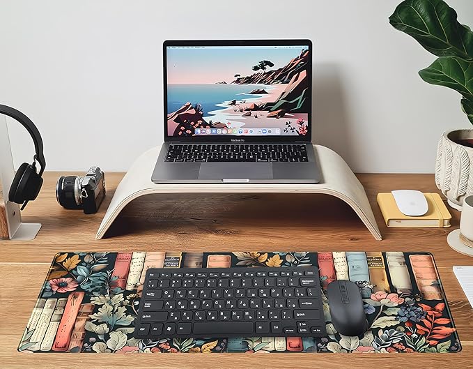 Flowers Desk Pads Gaming Desk Mat Large Keyboard Mouse Pad XL, Book Elements Computer Desktop Mats, Extended Full Laptop Mouse Mat, Office & Home Decor for Women Desk Aesthetic 31.5" x 11.8"