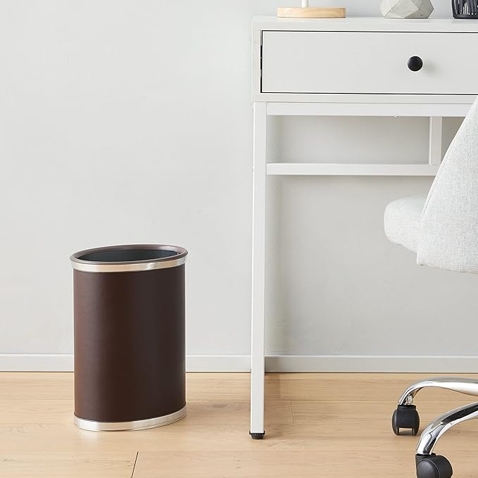 Kraftware Leatherette Wastebasket, 14", Brown with Brushed Chrome