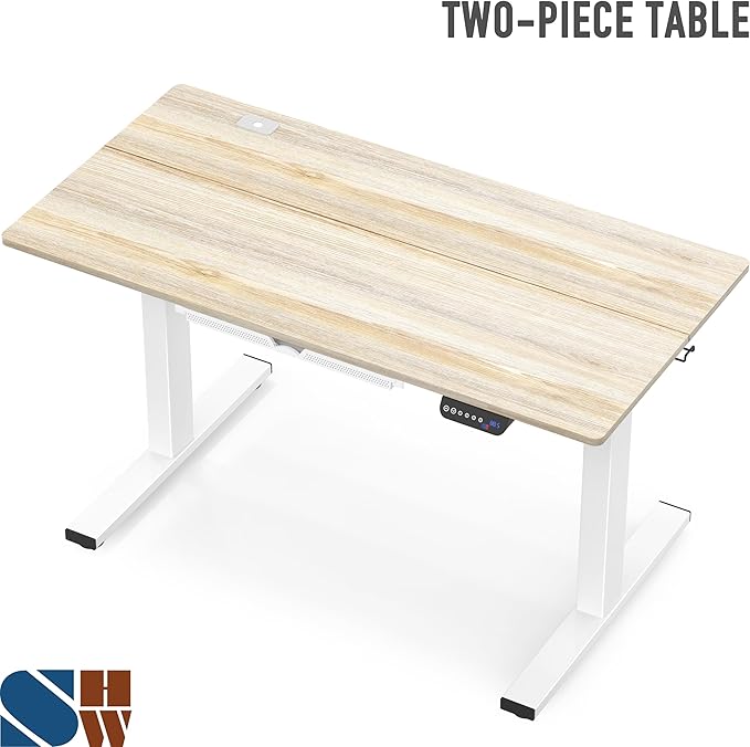 SHW 55 x 28 Inches Electric Height Adjustable Standing Desk with Drawer and Memory Preset, Maple