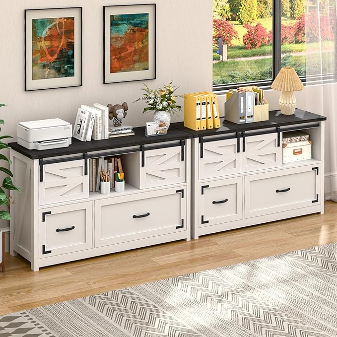 Lateral File Cabinets 2 Drawer with Sliding Barn Doors, Farmhouse Filing Cabinet with 2 Drawer for Home Office,Filing Organization Storage Cabinets for Hanging Files Letter/Legal/F4/A4.(Black.)