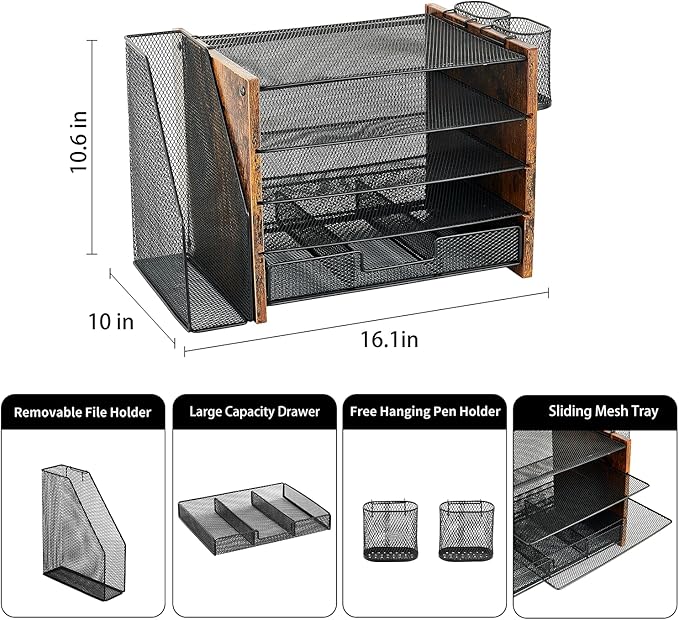 Wood Desk Organizers and Accessories with File Organizer, 5-Tier Paper Organizer with Drawer & Pen Holder, Office Desk Accessories, Workspace Desktop Storage for Office Supplies Organization(Brown)