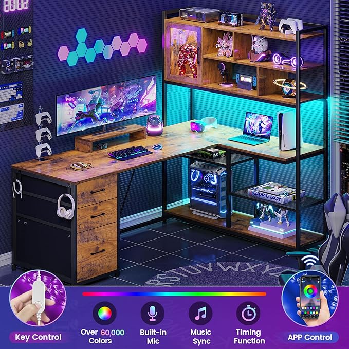 SEDETA L Shaped Computer Desk, 58'' Office Desk with 3 Drawers and Bookshelf, L Shaped Corner Desk with Storage Shelves and LED Light for Home Office, Gaming Desk, L Desk, Rustic Brown