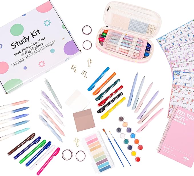 TuErCao Bible Study Supplies Kit - Black Daisies Aesthetic Pencil Pouch Bag, 75 Durable Tabs, 12 Smooth Crayon Highlighters, 16 Gel Pens, Notebook, Notes -Bible Journaling Study Tools