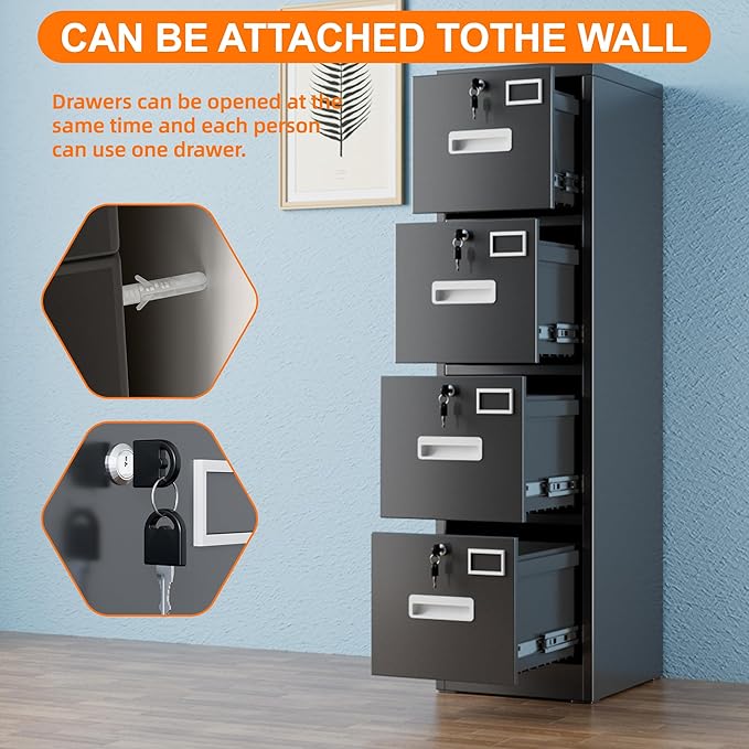 4 Drawer File Cabinet, Metal Vertical Black Filing Cabinets with Lock for Home Office with Name Card Holder for Letter/Legal/A4/F4 Size (Assemble Required)