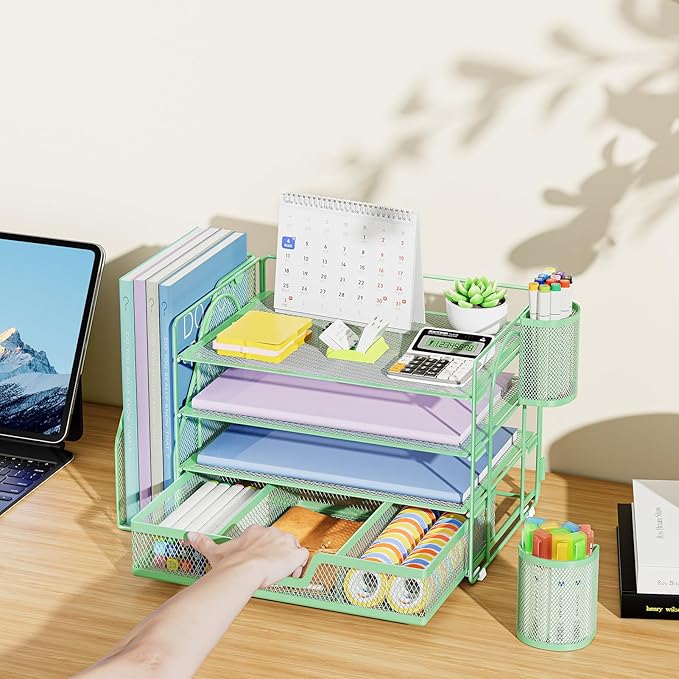 Marbrasse Desk Organizer and Accessories,4-Tier Paper Letter Tray Organizer with File Holder, Desk Accessories & Workspace Organizers with Drawer and 2 Pen Holder (Green, 15.4" x 9.1" x 8.3")