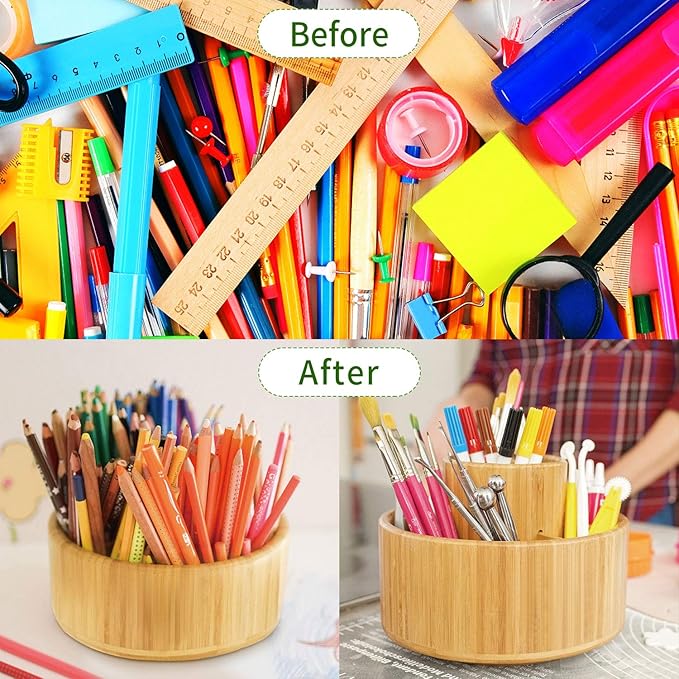 Utoplike Bamboo Rotating Art Supply Desk Organizer, Pencil Holder Organizer, Desktop Storage Caddy for Pen, Colored Pencil, Crayon, Paint Brushes, Art Studio&Office