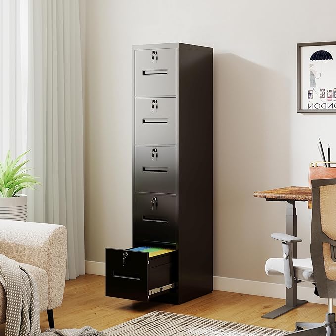 5 Drawer File Cabinet with 5 Locks, Metal Filing Cabinet Heavy Duty Vertical File Cabinets for Home Office, Steel File Storage Cabinets for Letter/Legal File Folders, Assembly Required (Black)
