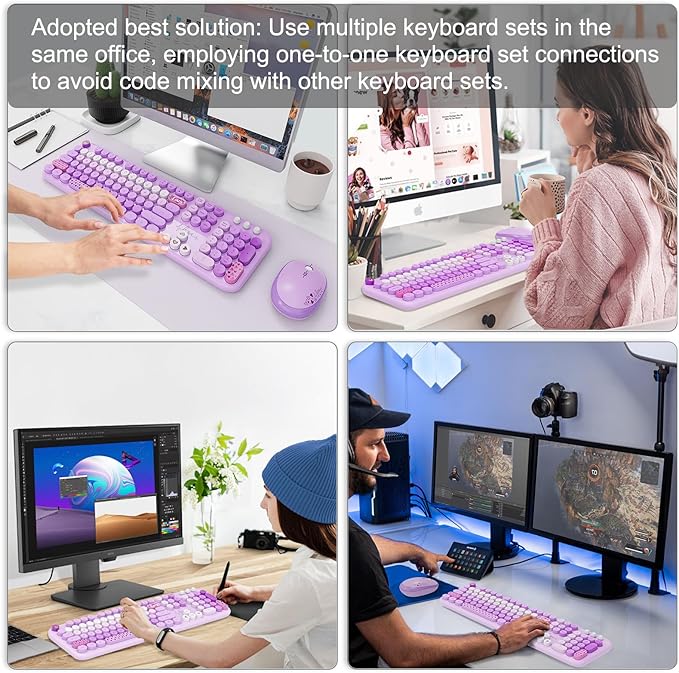 Wireless Keyboard and Mouse Set, 104 Round Keys Full-Size Cute Colorful Keyboard and Mouse with Retro Typewriter for PC/Mac/Laptop/Tablet/Computer/Windows Purple