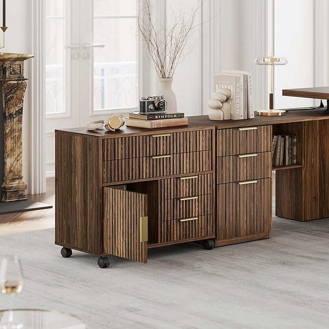 Fluted File Cabinet with 5 Drawers, Large Storage with Cabinet Door, Mobile Filing Cabinet with Locable Wheels for Home Office, Black Walnut