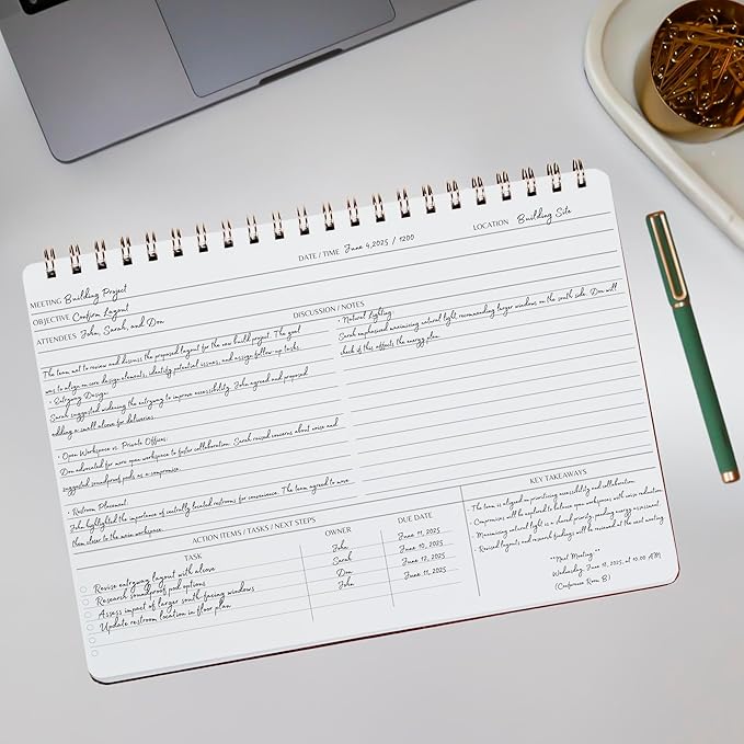 | Meeting Notebook for Work | 8.25" x 11.75" | Project Planner | Simple Design | Multiple Layouts | Office and Business Planner (Black, Meeting Planner - Landscape)