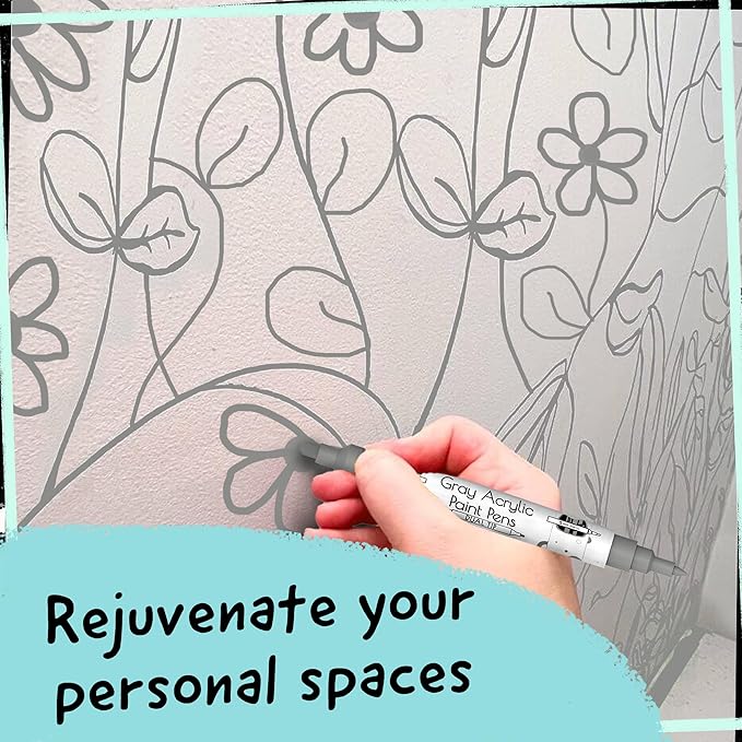 4 Dual Tip Gray Paint Pen Metallic - Fine Tip & Medium Acrylic Paint Markers - Gray Marker for Metal, Wood, Rock Painting, Canvas, Ceramic, Glass, Fabric, Leaf and Plastic - Water-based Ink