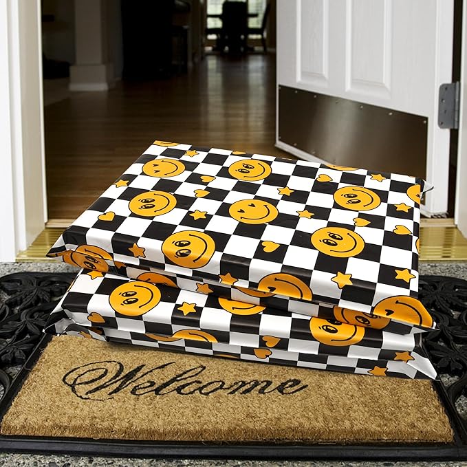 Poly Mailers 10x13 Inch 100 Pcs - Smiles Checkerboard Printed Shipping Bags, 2.4mil Thickness, Waterproof and Tear Resistant Mailing Envelopes, Self-Sealing Packaging Bags for Small Business