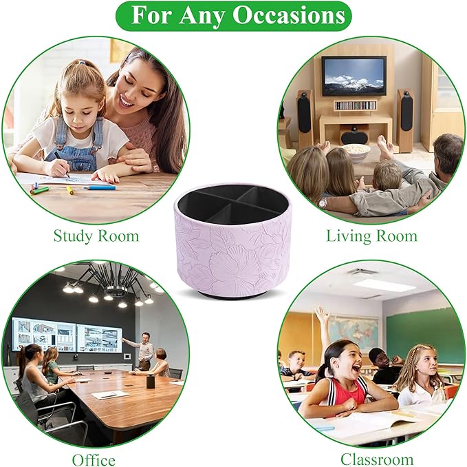 Hennaja Round Leather Art Supply Organizer,Remote Control Holder,360 Degree Spinning,Multi-Functional Pencil Holder,4 Compartments Desktop Stationary Organizer(1-Carved Purple)