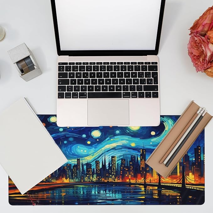 Desk Pad,City Starry Night Desk Mat,Abstract Oil Painting Large Gaming Mouse Pad for Desk,Extended Big Computer Keyboard Mouse Pad with Non-Slip Base and Stitched Edge,35.4"x15.7"