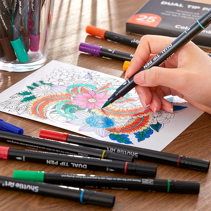 Shuttle Art Dual Tip Brush Marker Pens, 25 Colors Water-based Ink, Fine and Brush Tip Marker Set with 1 Coloring Book for Kids Adult Artist Calligraphy Hand Lettering Journal Doodling Writing