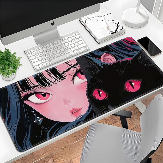 Cute Girl Cat Mouse Pad Anime Large Desk Mat Extended Keyboard Mouse Pad Kawaii Mousepad with Non-Slip Base and Stitched Edge Gaming Mouse Mat Desk Pad 31.5 X 11.8 in Mouse Pads for Desk Home Office