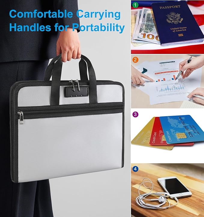 Accordion File Organizer with Lock, Fireproof, Letter/A4-Size Expanding File Folder with Tabs, 13 Pockets Important Document Organizer with Handle, Portable Paperwork Business Organizer, Silver