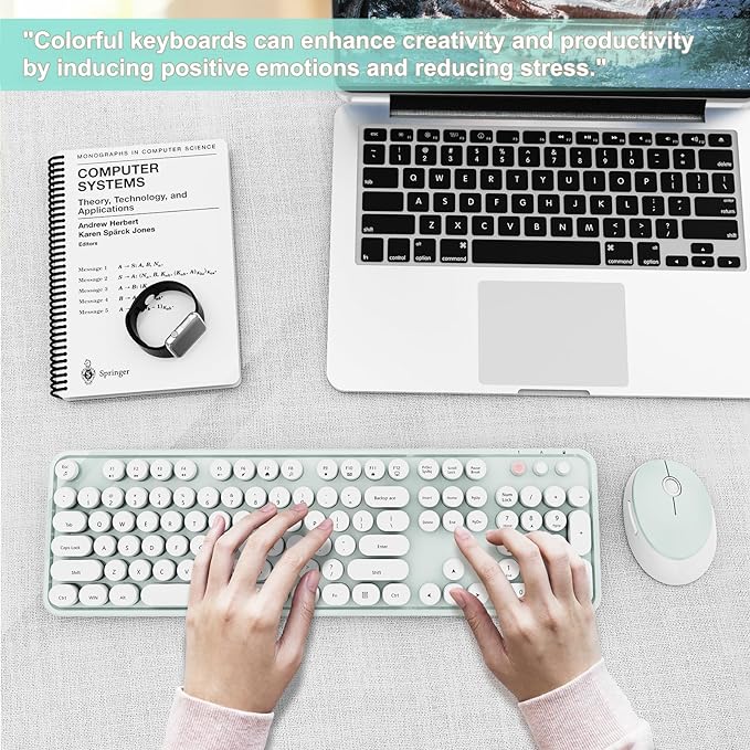 Wireless Keyboard and Mouse Combo, Ergonomic Full Size Typewriter Retro Round Keycaps Keyboard, Compatible with Windows, PC, Perfer for Home and Office Keyboards(Green)