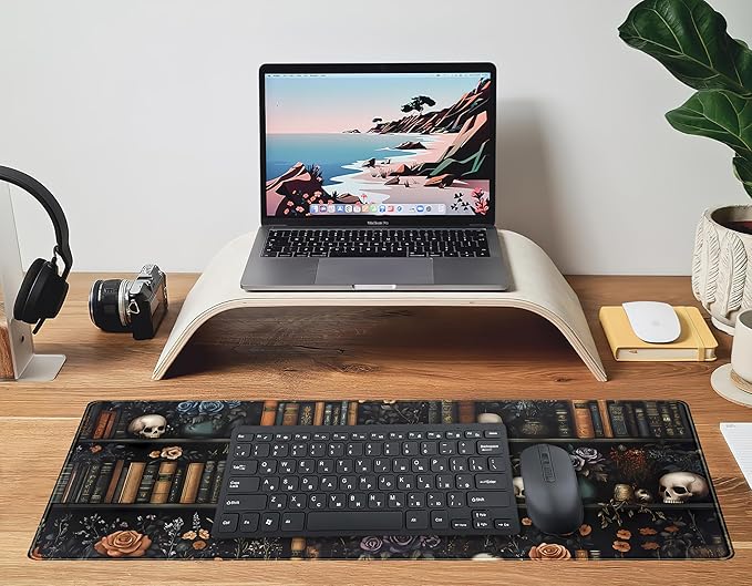 Dark Bookshelf Desk Pad Gothic Gaming Mouse Mat XL, Black Large Computer Keyboard Mat Mystery Flowers Desk Mat, Cool Mouse Pad Full Desktop Mat, Vintage Desk Decor Accessories 31.5" x 11.8"