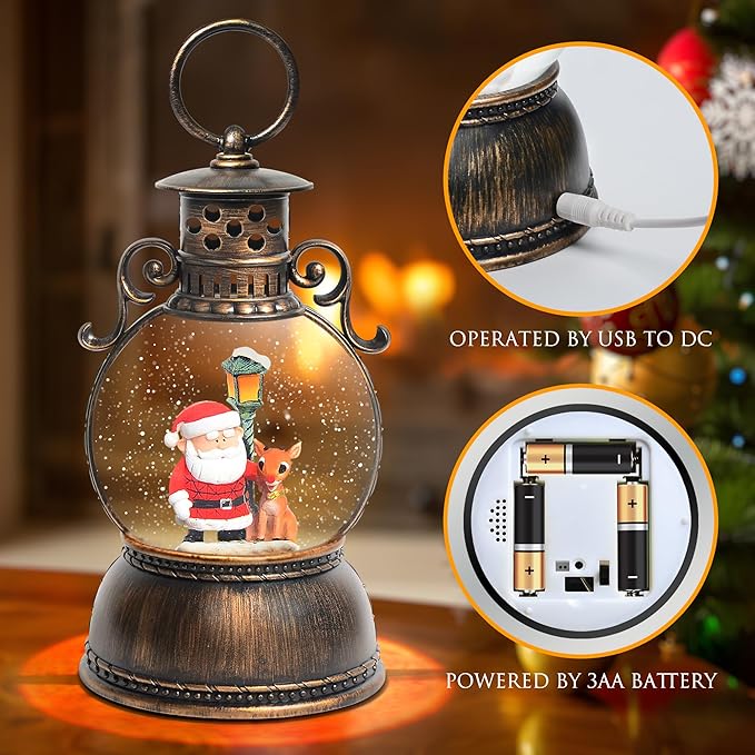 Christmas Snow Globes, Santa Claus and Deer Christmas Lantern with 8 Songs, 6H Timer Battery & USB Powered Glitter Music Box for Christmas Table Decorations Holiday