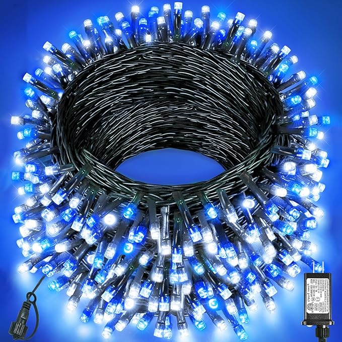 197FT 600 LED Christmas Lights Outdoor Indoor, Plug in String Lights for Outside 8 Modes, Waterproof Christmas Tree Lights for Outside Bedroom Wedding Party Holiday Decorations, Blue White