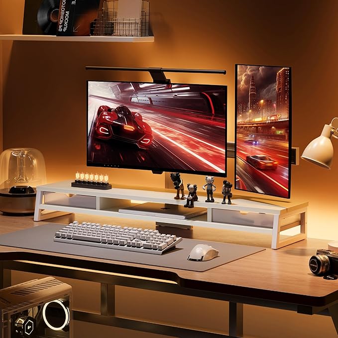 Fenge Dual Monitor Stand, Monitor Riser with Drawer, 42.5 Inch Large Computer Monitor Stand for 2 Monitors, 2 Tier Wooden Desk Shelf for Top of Desk