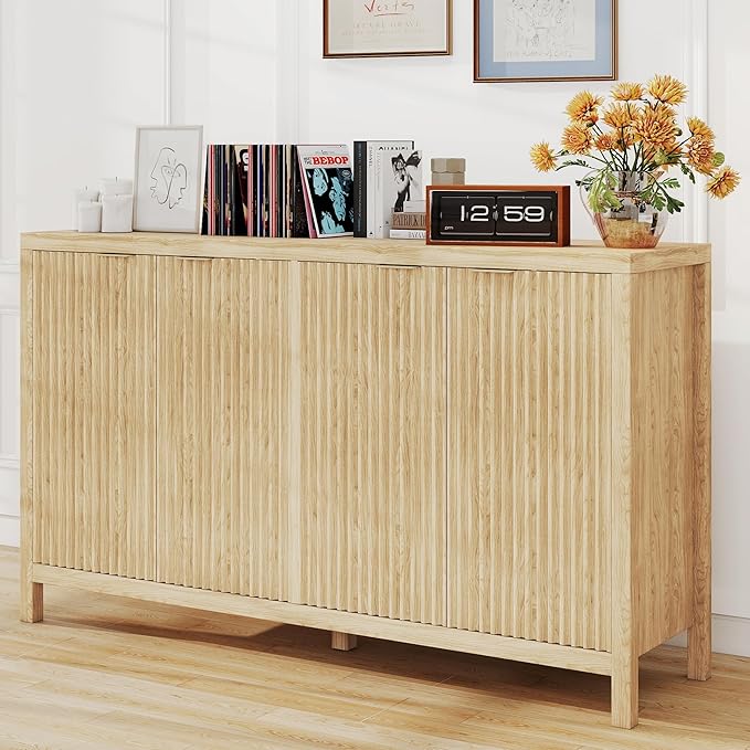 Real Relax Fluted Sideboard Cabinet, 4-Door Sideboard Buffet Cabinet with Storage, 55" Large Modern Credenza Adjustable Shelves, Buffet Table for Dining Room, Kitchen, Living Room, Natural Oak