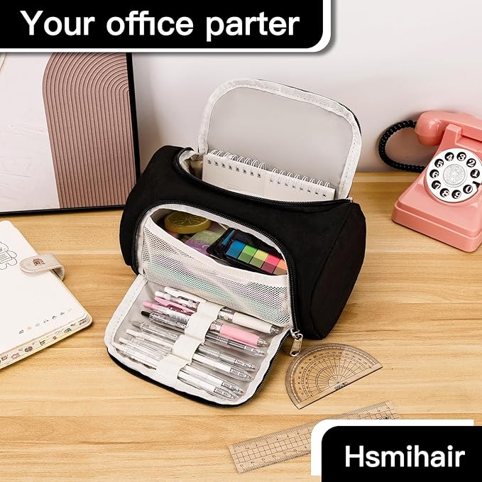 Large Pencil Pouch,Pencil Case Aesthetic,Zipper Pencil Box For Girls Back To School Supplies Emergency Bag Makeup Bag (Black)