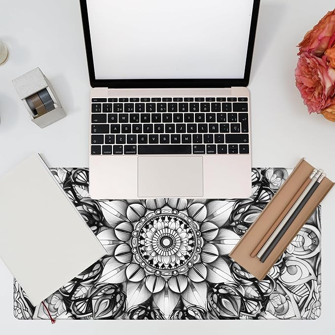 Large Gaming Mouse Pad for Desk, Black and White Mandala Desk Mat, Mandala Flower Desk Pad, 31.5"x15.7" Extended Big Computer Keyboard Mouse Pad with Non-Slip Base and Stitched Edge