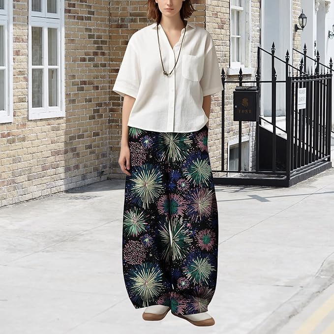 Zaswen Women's Oversize Loose Fit Breathable Pants Wide Leg Lounge Pants Fashion Casual Fireworks Print Trousers with Pockets