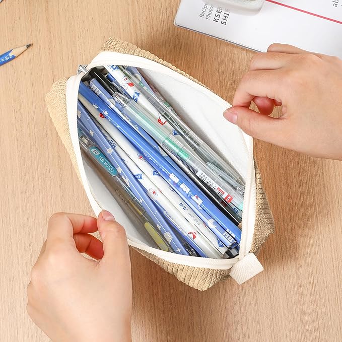 Pencil Bag Pen Case, Soft Corduroy Small Pencil Pouch Organizer with Zipper, Cute Pencil Case Pouch Stationery for Girls and Boys – Apricot