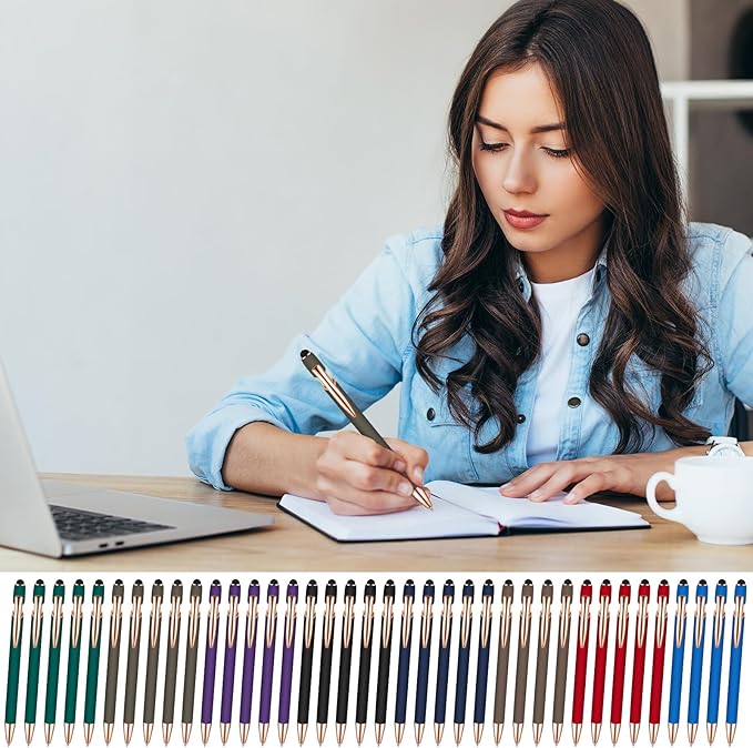 Zonon 38 Pieces Rubberized Ballpoint Pen with Stylus Tip Stylish Metal Pen Capacitive Styli with Soft Rubberized Grip, Black Ink for Most Devices(Classic Colors)