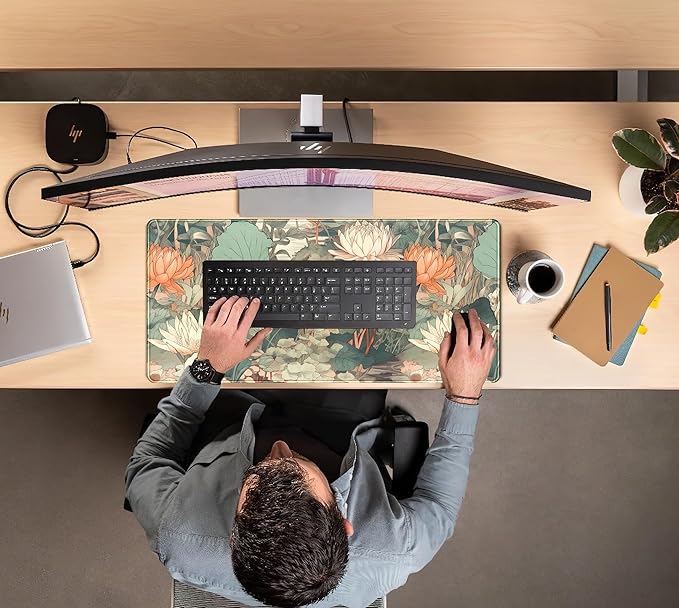 Light Emerald and Orange Floral Desk Mat, XXL Large Extended Mouse Pad Gaming Desk Pad, Aesthetic Asian Lotus Flower Big Laptop Keyboard and Mouse Mat for Women Desktop Office Decor 31.5x15.7 in