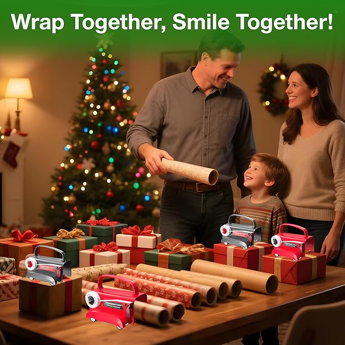 (2-Pack) Wheel Wrapping Paper Cutter & Tape Dispenser with 4 Tapes,2 Replace Blades Kit for Christmas Gift Wrap Cutter Tool Paper Roll Holder Tube Sliding Slicing for Birthday Holiday.