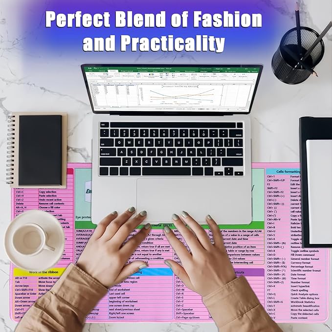 Pink MS Excel Shortcut Mouse Pad Desk Mat,Large Excel Cheat Sheet Desk Pad,Spreadsheet Keyboard Mats Mousepad,Non-Slip Stitched Edge,Office Desk Essentials for Women,31.5 * 15.7 inch