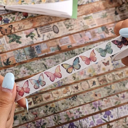 42 Rolls Vintage Washi Tape Set, Delicate Butterfly & Lush Floral Botanical Themed Writable Decorative Tapes with Retro Elements for Scrapbooking, Junk Journal Supplies, Bullet Journaling 5-25mm Wide