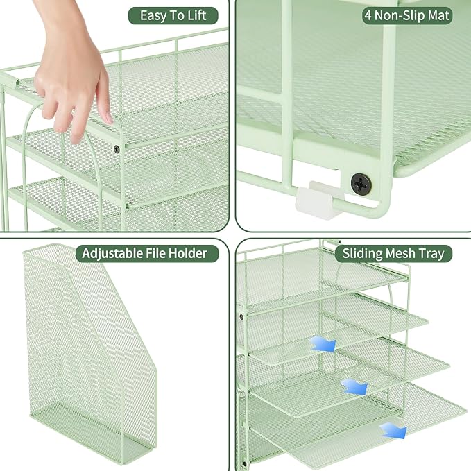 AUPSEN Green Desk Accessories Organizer,5-Tier Letter Tray Paper Organizer with Adjustable File Holder, Desktop Office Desk Accessories for Office Supplies
