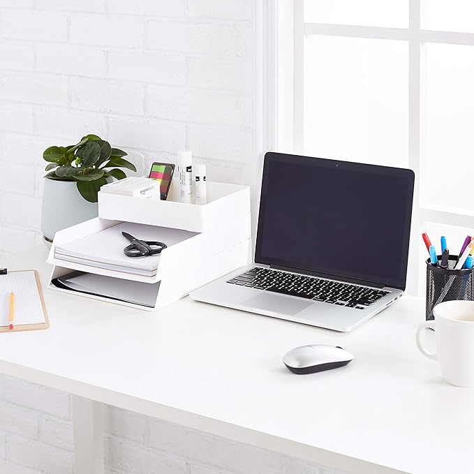 Amazon Basics Rectangular Plastic Desk Organizer Bundle, 3 Pieces Letter Tray/Accessory Tray, White