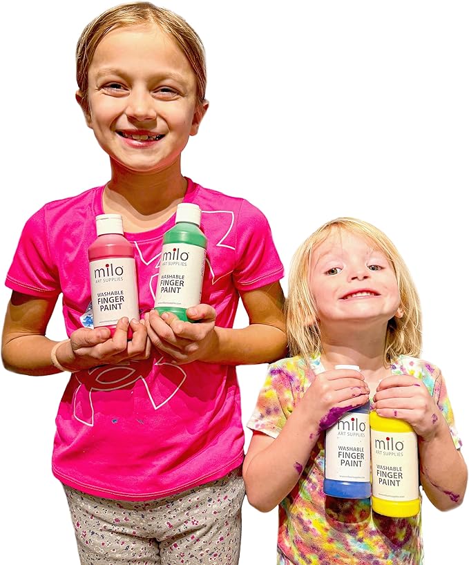 milo Kid's Washable Finger Paint Set of 8 Colors | 16 oz Bottles | Safe and Non-Toxic | Made in the USA | Art & Craft Paints for Kids, Toddlers, Pre School Supplies Painting Set for Children | Easy