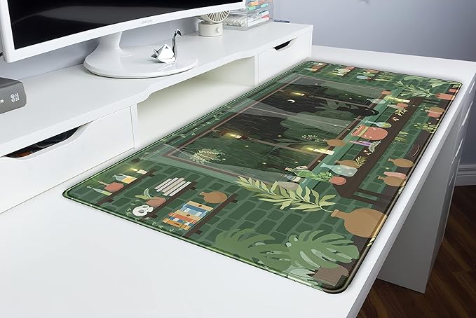 Cute Rainy Night Desk Mat Green Plants Desk Pad, Anime Black Cat Kawaii Large Gaming Mouse Pad, Moonlight Fireflies Deskmat Aesthetic Mousepad XXL, Laptop Keyboard Pad for Women Desk 31.5"x15.75"