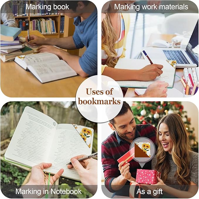 Personalized Leather Bookmarks, Fun Corner Pge Book Marks, Vintage Book Accessories for Reading Lovers Women Girls Student Teacher Kids Retirement Birthday Gifts (4 Pack Cute Sunflower)