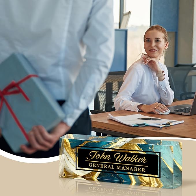 Ship Next Day Personalized Name Plate for Desk, Custom Acrylic Desk Name Sign, Office Appreciation Gifts for Women Men Coworkers Boss Teacher Employee (Green Gilding)