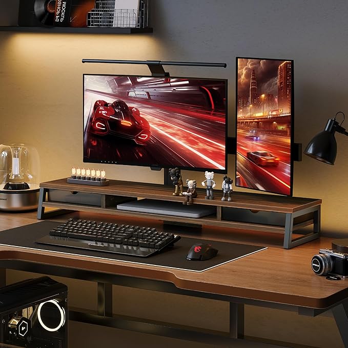 Fenge Dual Monitor Stand, Monitor Riser with Drawer, 42.5 Inch Large Computer Monitor Stand for 2 Monitors, 2 Tier Wooden Desk Shelf for Top of Desk